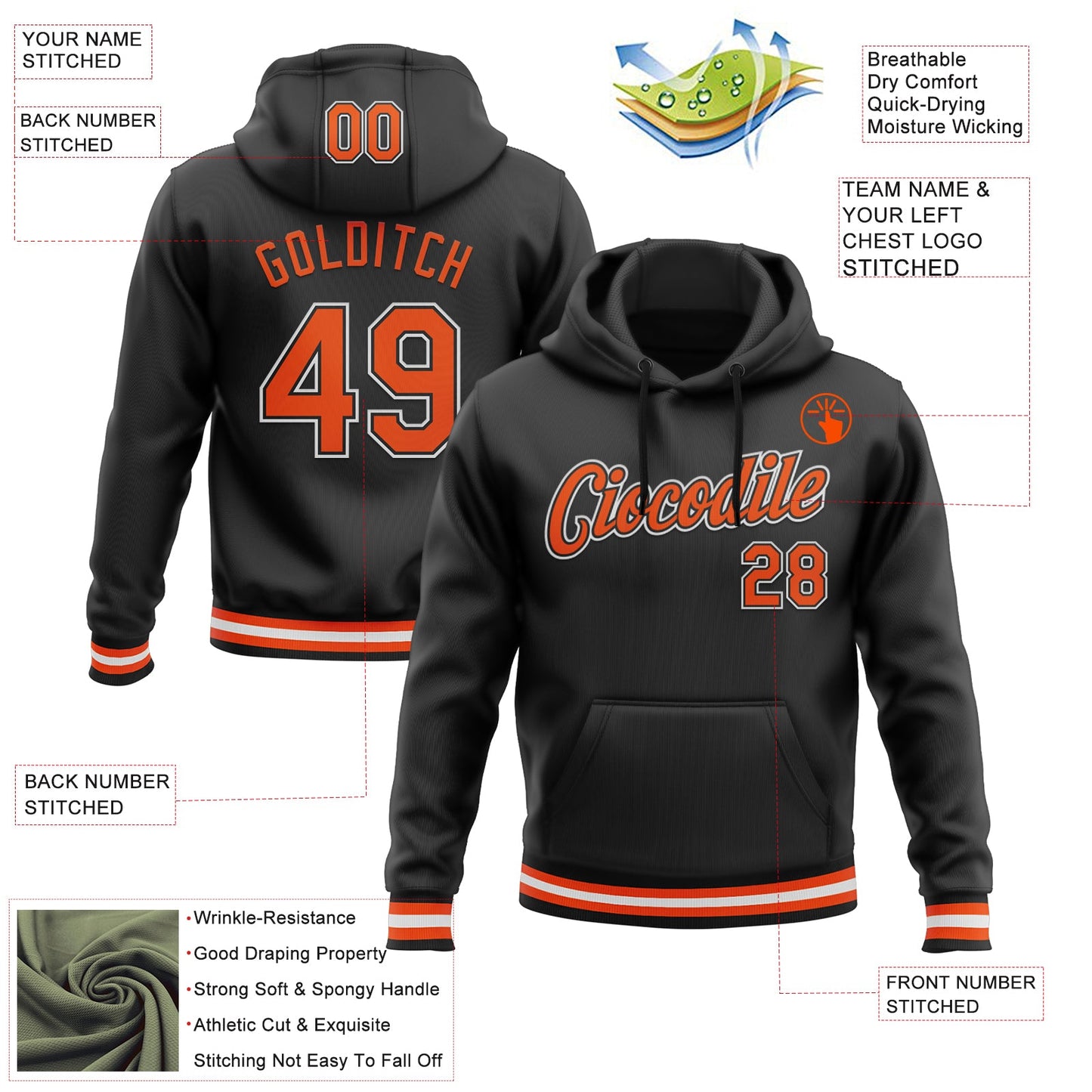 Custom Stitched Black Orange-White Sports Pullover Sweatshirt Hoodie view 3