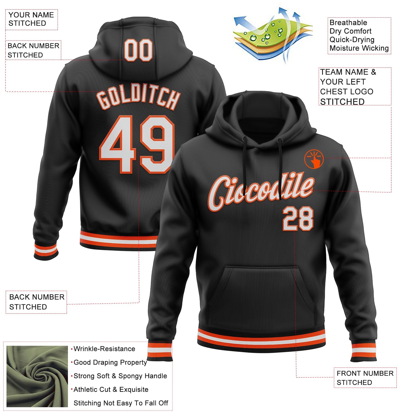 Custom Stitched Black White-Orange Sports Pullover Sweatshirt Hoodie view 3