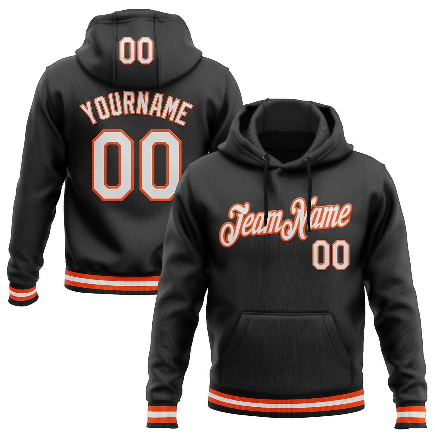 Custom Stitched Black White-Orange Sports Pullover Sweatshirt Hoodie - Main View