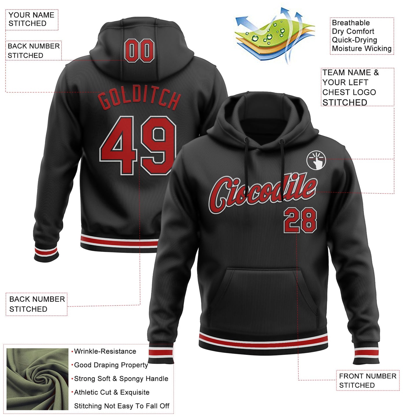 Custom Stitched Black Red-White Sports Pullover Sweatshirt Hoodie view 3