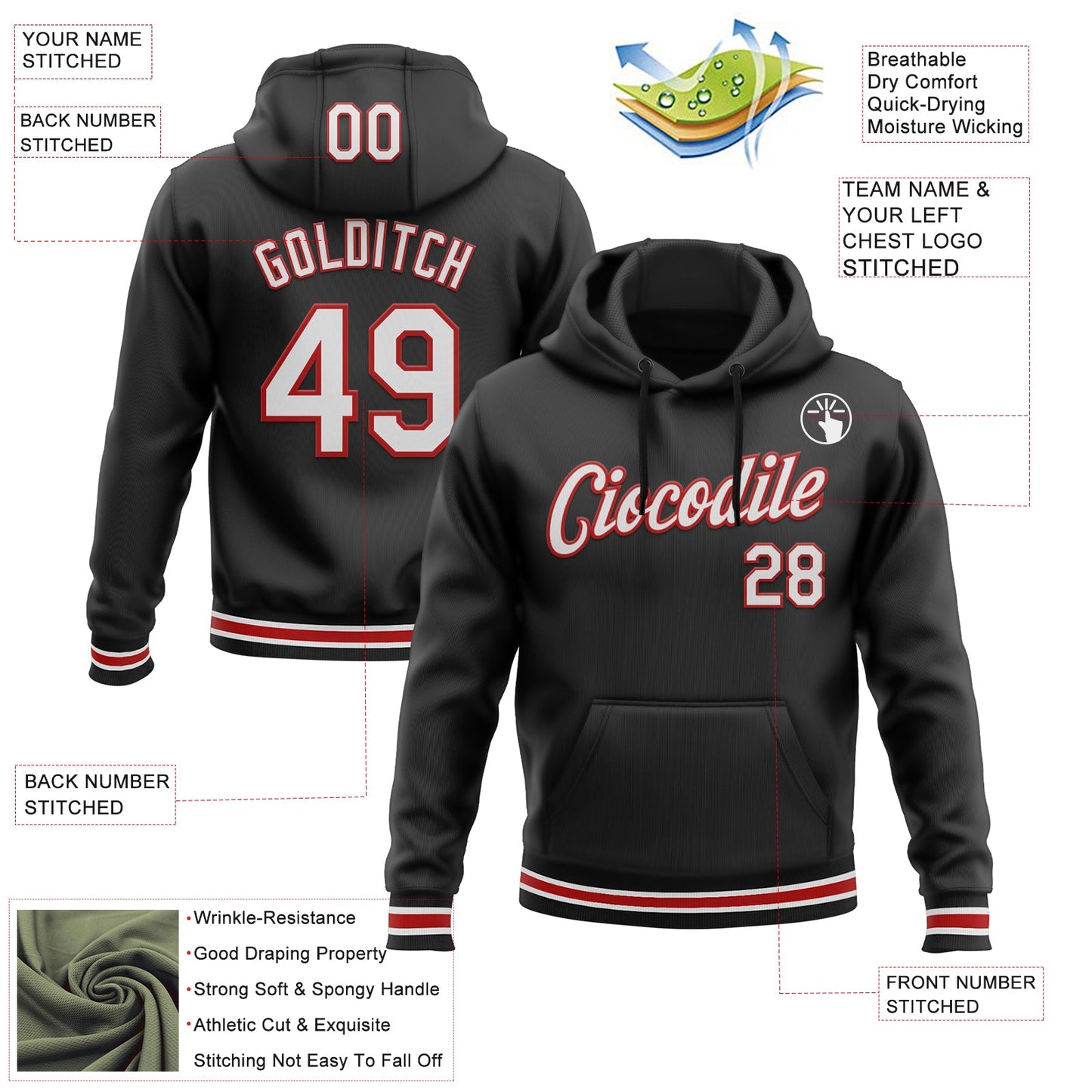 Custom Stitched Black White-Red Sports Pullover Sweatshirt Hoodie view 3