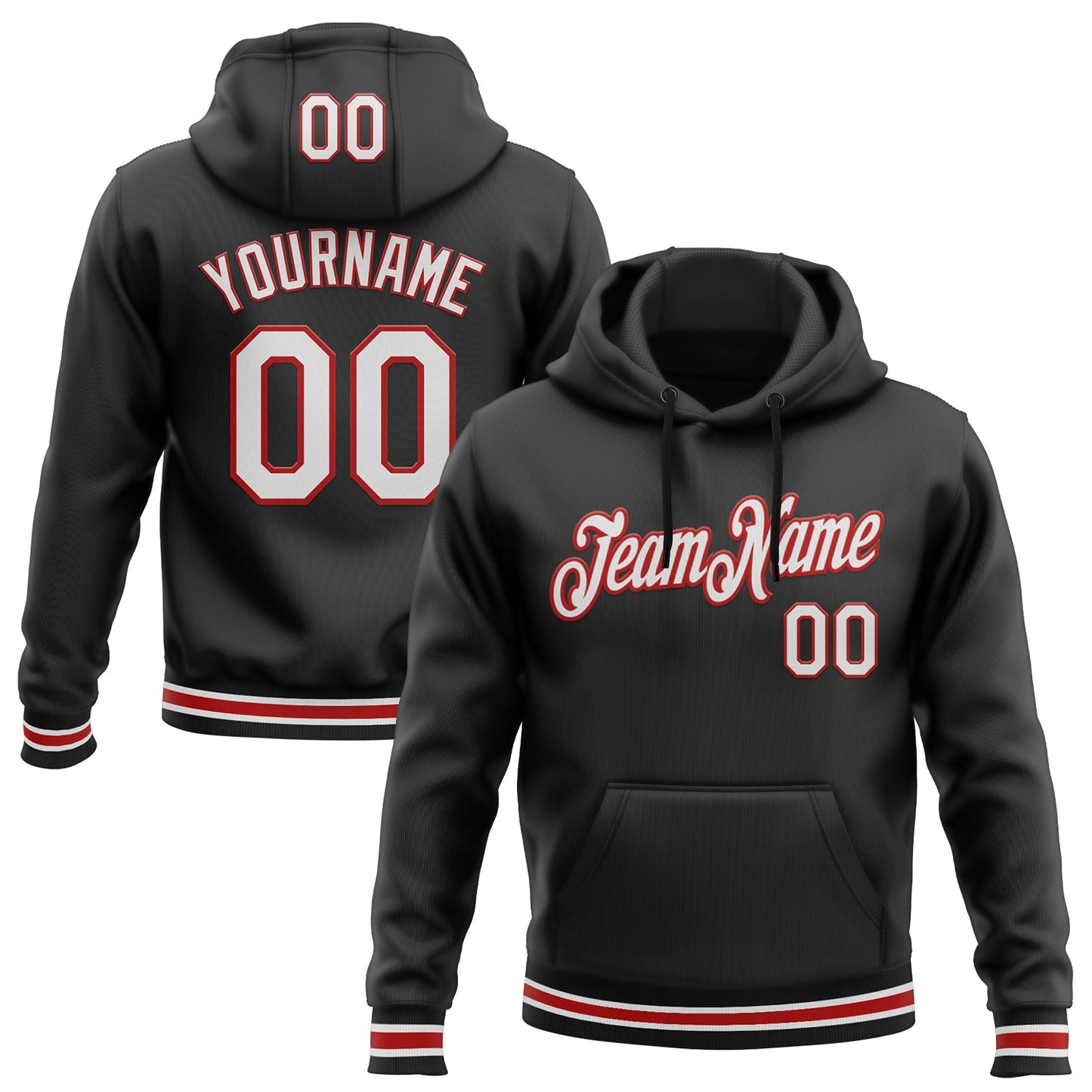 Custom Stitched Black White-Red Sports Pullover Sweatshirt Hoodie - Main View