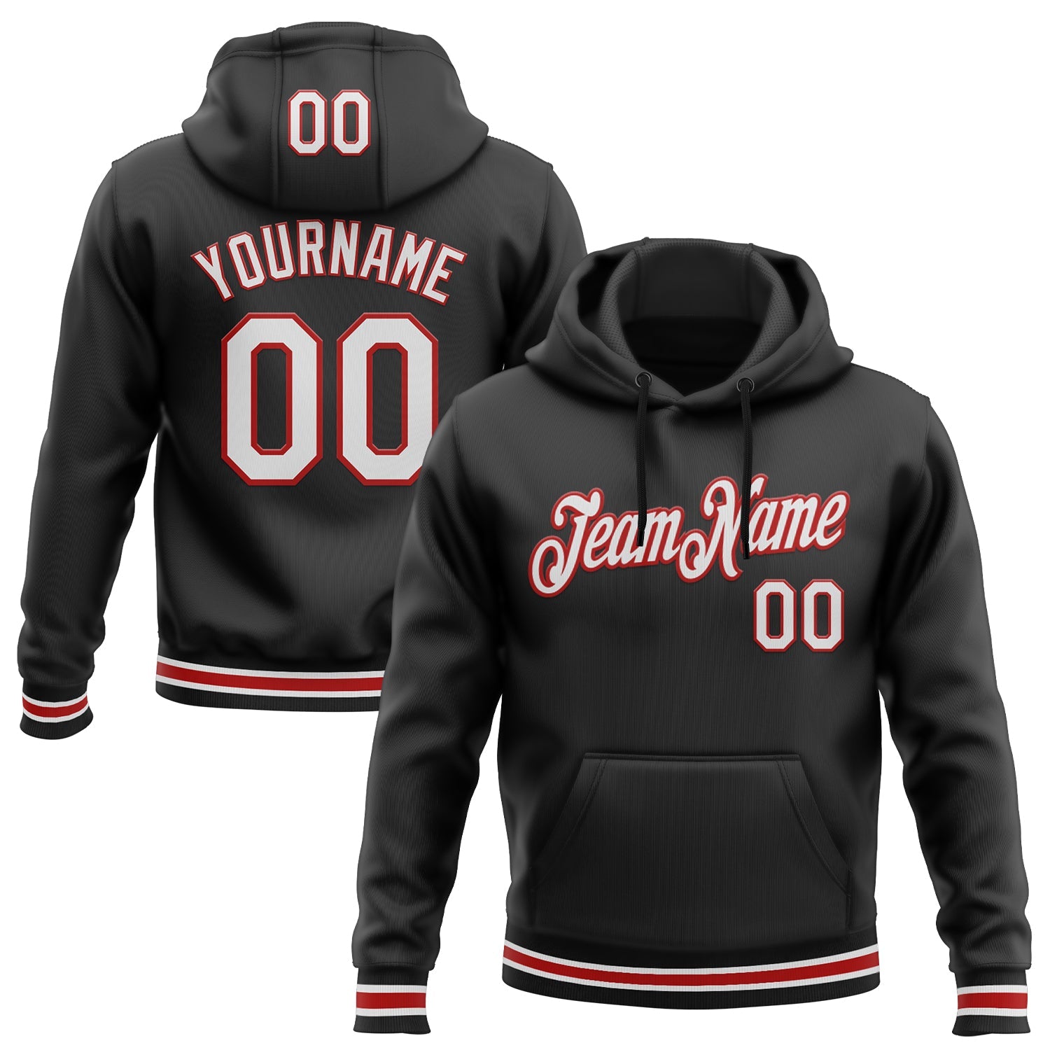 Custom Stitched Black White-Red Sports Pullover Sweatshirt Hoodie - Main View