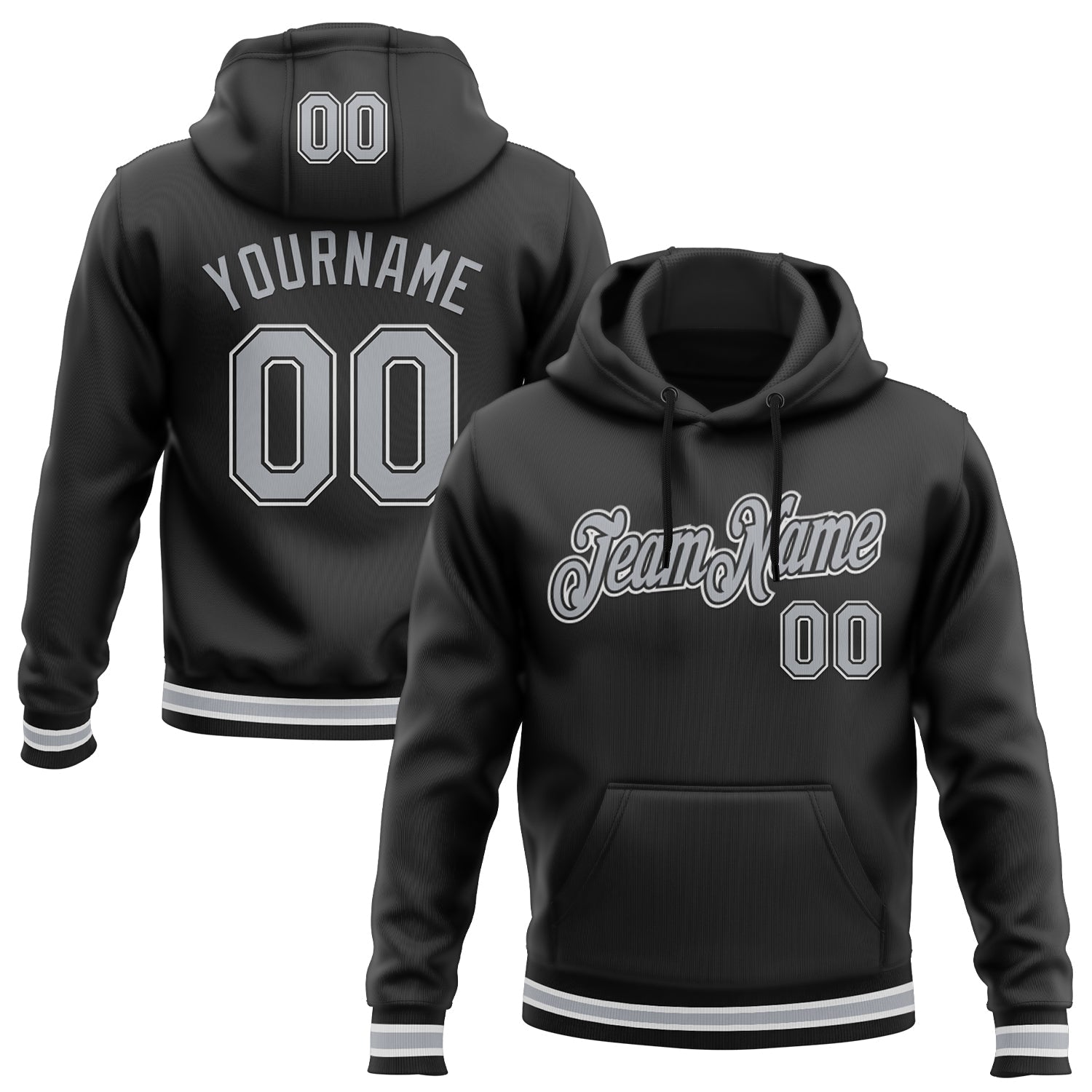 Custom Stitched Black Gray-White Sports Pullover Sweatshirt Hoodie - Main View