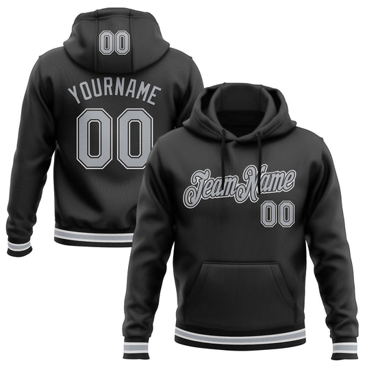 Custom Stitched Black Gray-White Sports Pullover Sweatshirt Hoodie - Main View