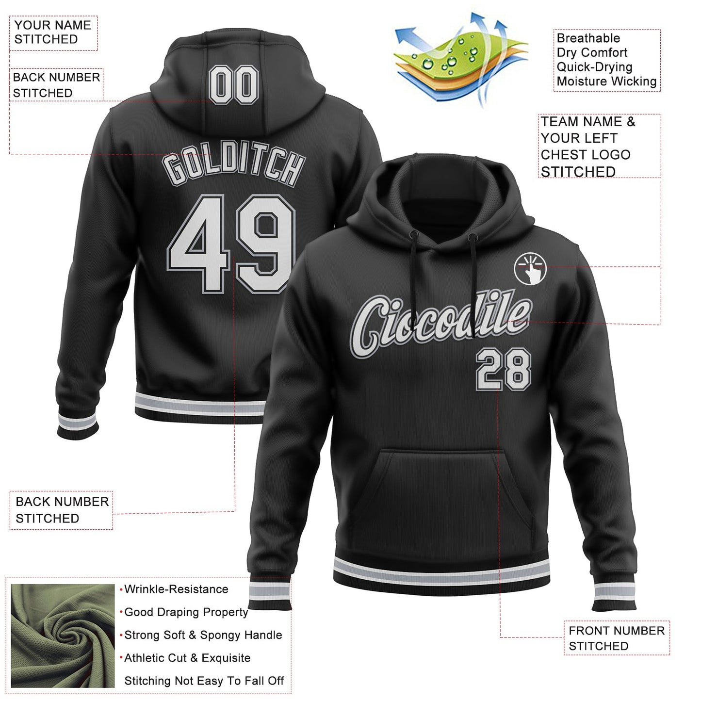 Custom Stitched Black White-Gray Sports Pullover Sweatshirt Hoodie view 3
