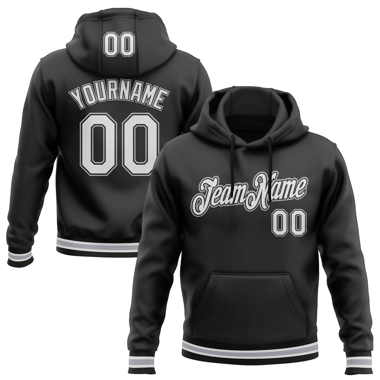 Custom Stitched Black White-Gray Sports Pullover Sweatshirt Hoodie - Main View