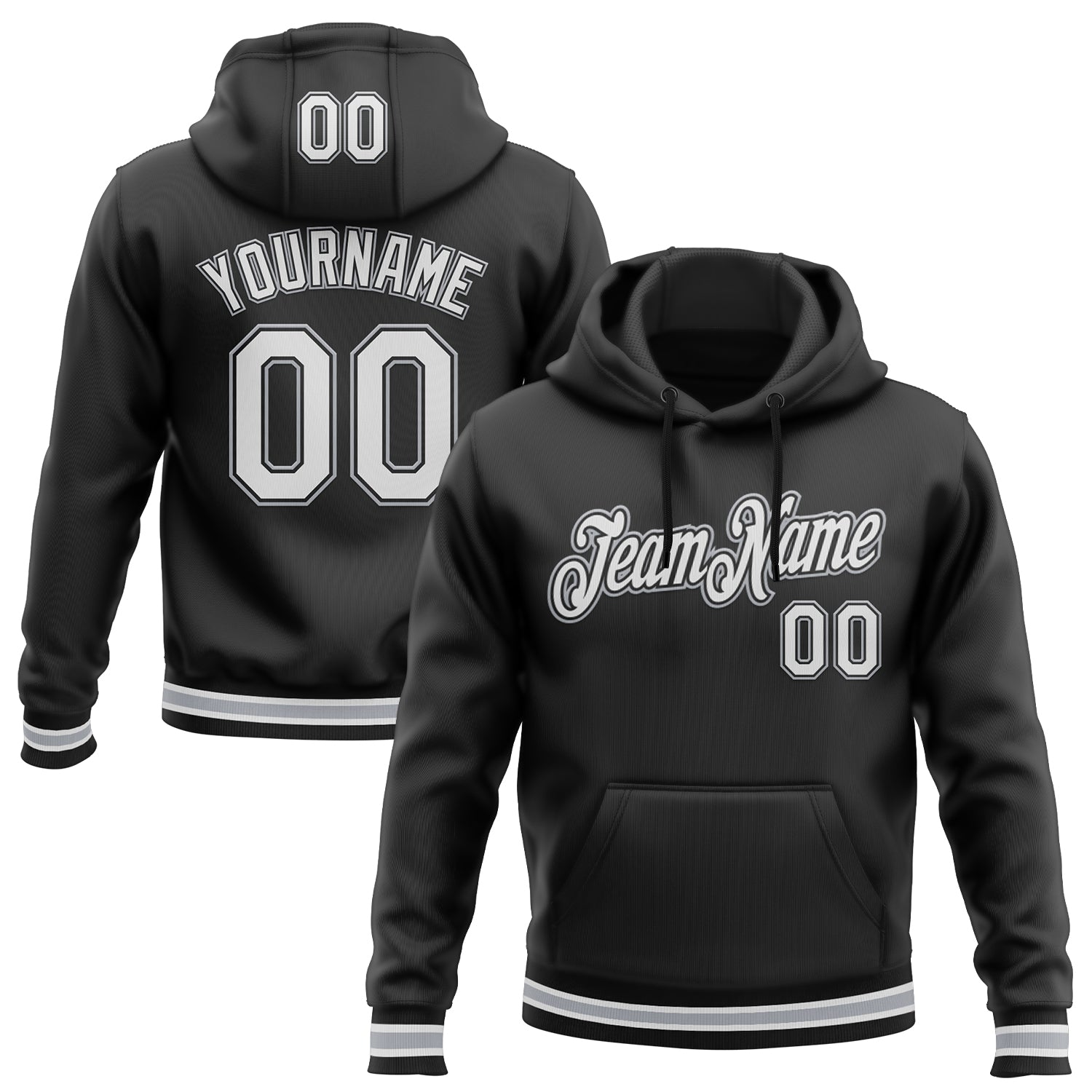 Custom Stitched Black White-Gray Sports Pullover Sweatshirt Hoodie - Main View