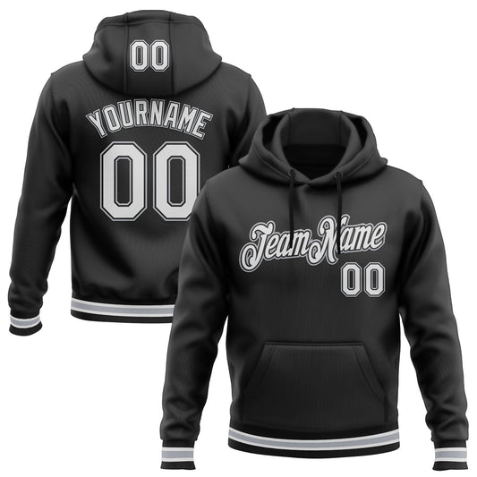 Custom Stitched Black White-Gray Sports Pullover Sweatshirt Hoodie - Main View