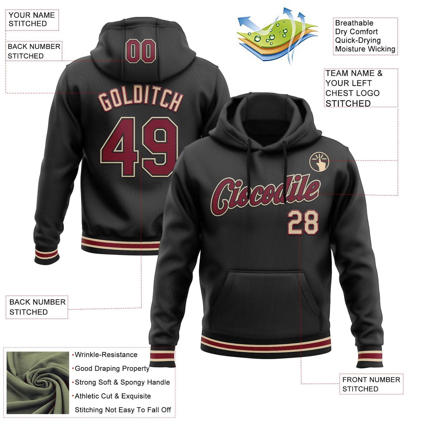 Custom Stitched Black Crimson-City Cream Sports Pullover Sweatshirt Hoodie view 3
