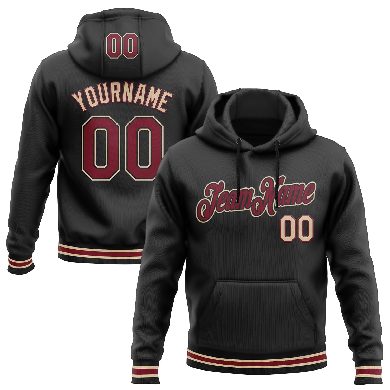 Custom Stitched Black Crimson-City Cream Sports Pullover Sweatshirt Hoodie - Main View