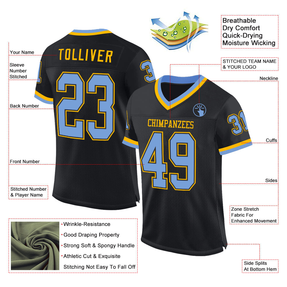 Custom Black Light Blue-Gold Mesh Authentic Throwback Football Jersey view 2