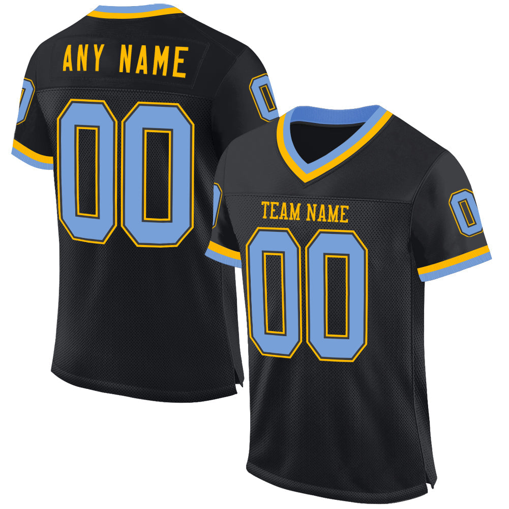 Custom Black Light Blue-Gold Mesh Authentic Throwback Football Jersey - Main View