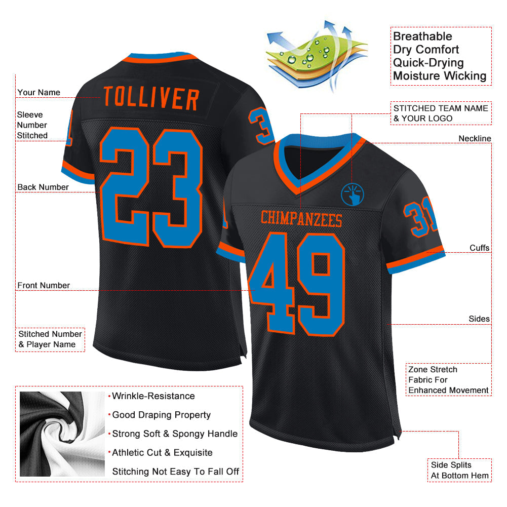 Custom Black Blue-Orange Mesh Authentic Throwback Football Jersey view 2