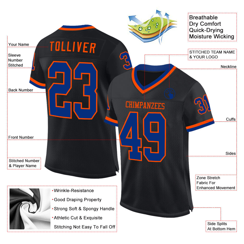 Custom Black Royal-Orange Mesh Authentic Throwback Football Jersey view 2