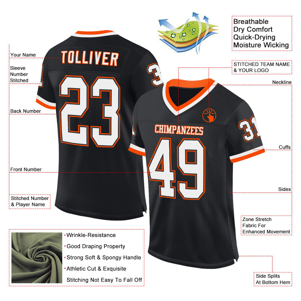 Custom Black White-Orange Mesh Authentic Throwback Football Jersey view 2
