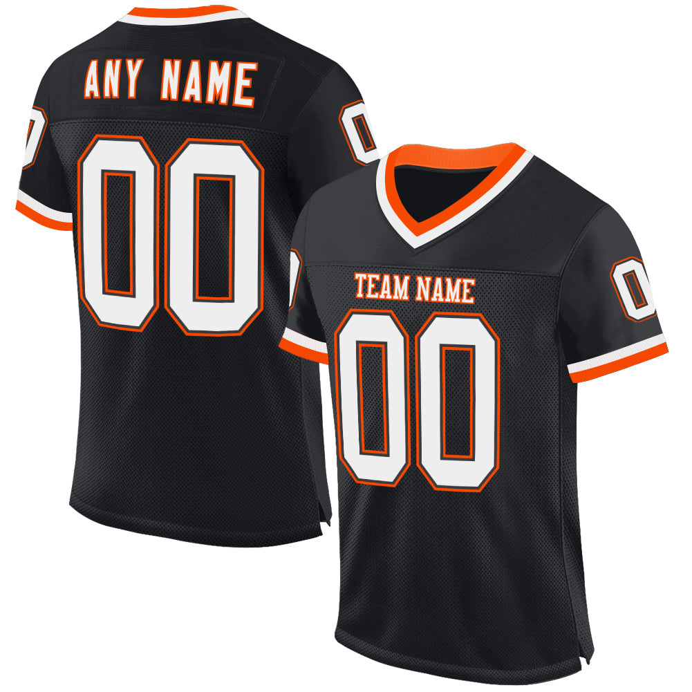 Custom Black White-Orange Mesh Authentic Throwback Football Jersey - Main View