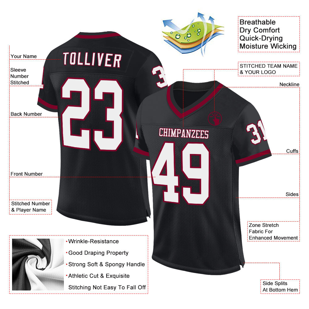 Custom Black White-Maroon Mesh Authentic Throwback Football Jersey view 2