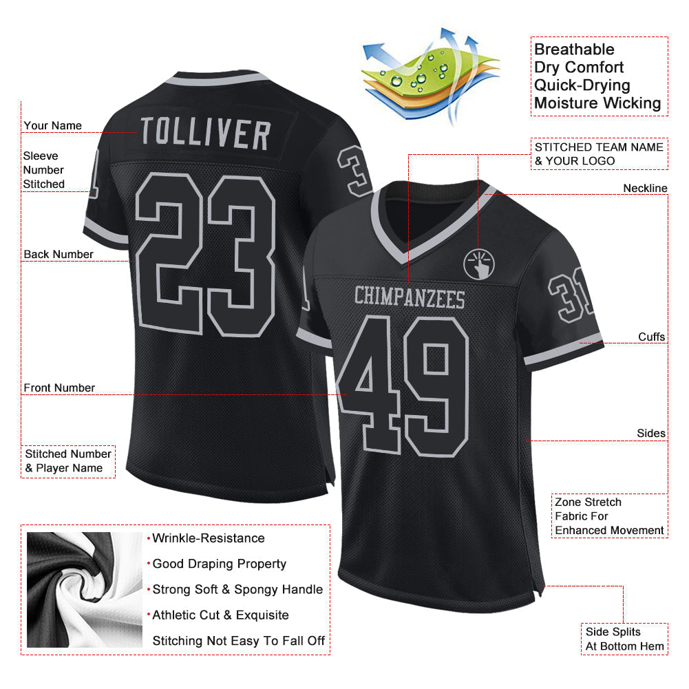 Custom Black Gray Mesh Authentic Throwback Football Jersey view 2