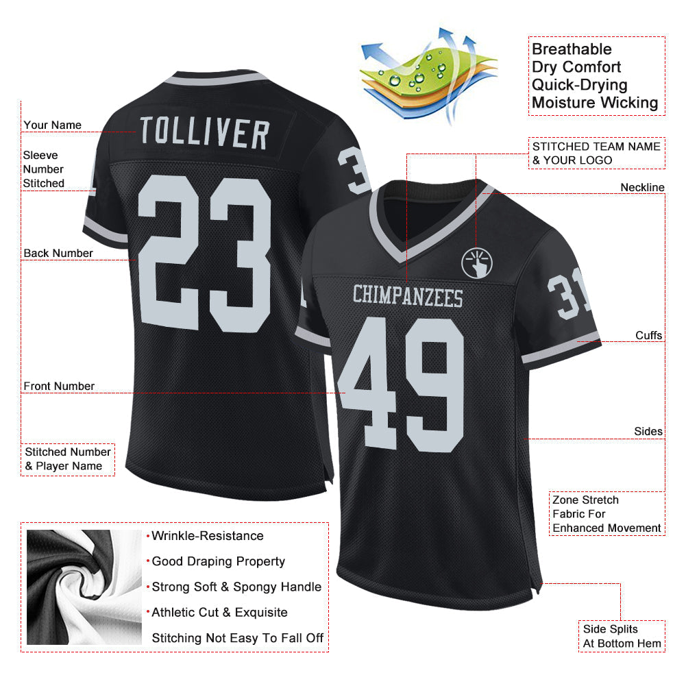 Custom Black Silver-Gray Mesh Authentic Throwback Football Jersey view 2
