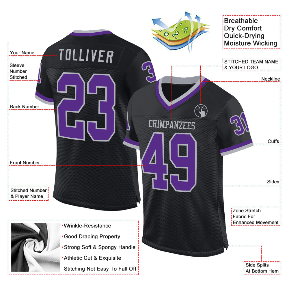 Custom Black Purple-Gray Mesh Authentic Throwback Football Jersey view 2