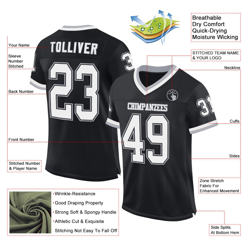 Custom Black White-Gray Mesh Authentic Throwback Football Jersey view 2