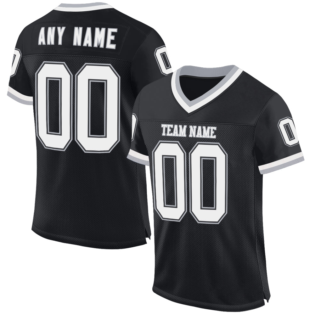 Custom Black White-Gray Mesh Authentic Throwback Football Jersey - Main View