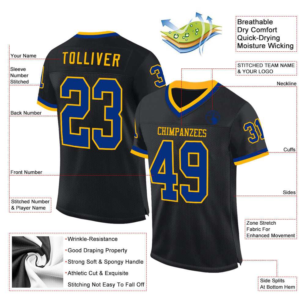Custom Black Royal-Gold Mesh Authentic Throwback Football Jersey view 2