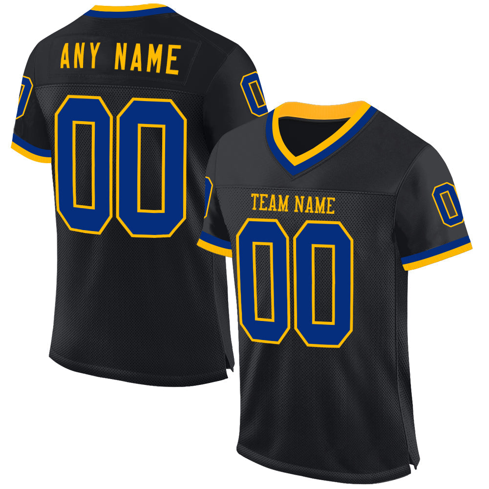 Custom Black Royal-Gold Mesh Authentic Throwback Football Jersey - Main View