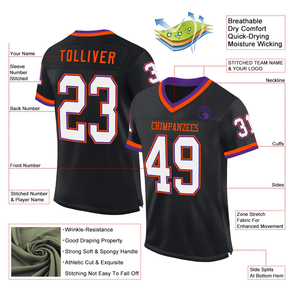 Custom Black Purple-Orange Mesh Authentic Throwback Football Jersey view 2