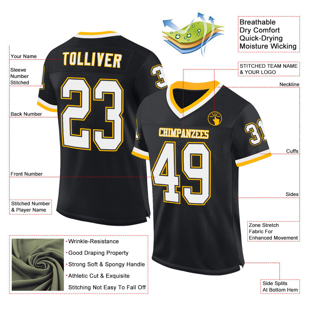 Custom Black White-Gold Mesh Authentic Throwback Football Jersey view 2