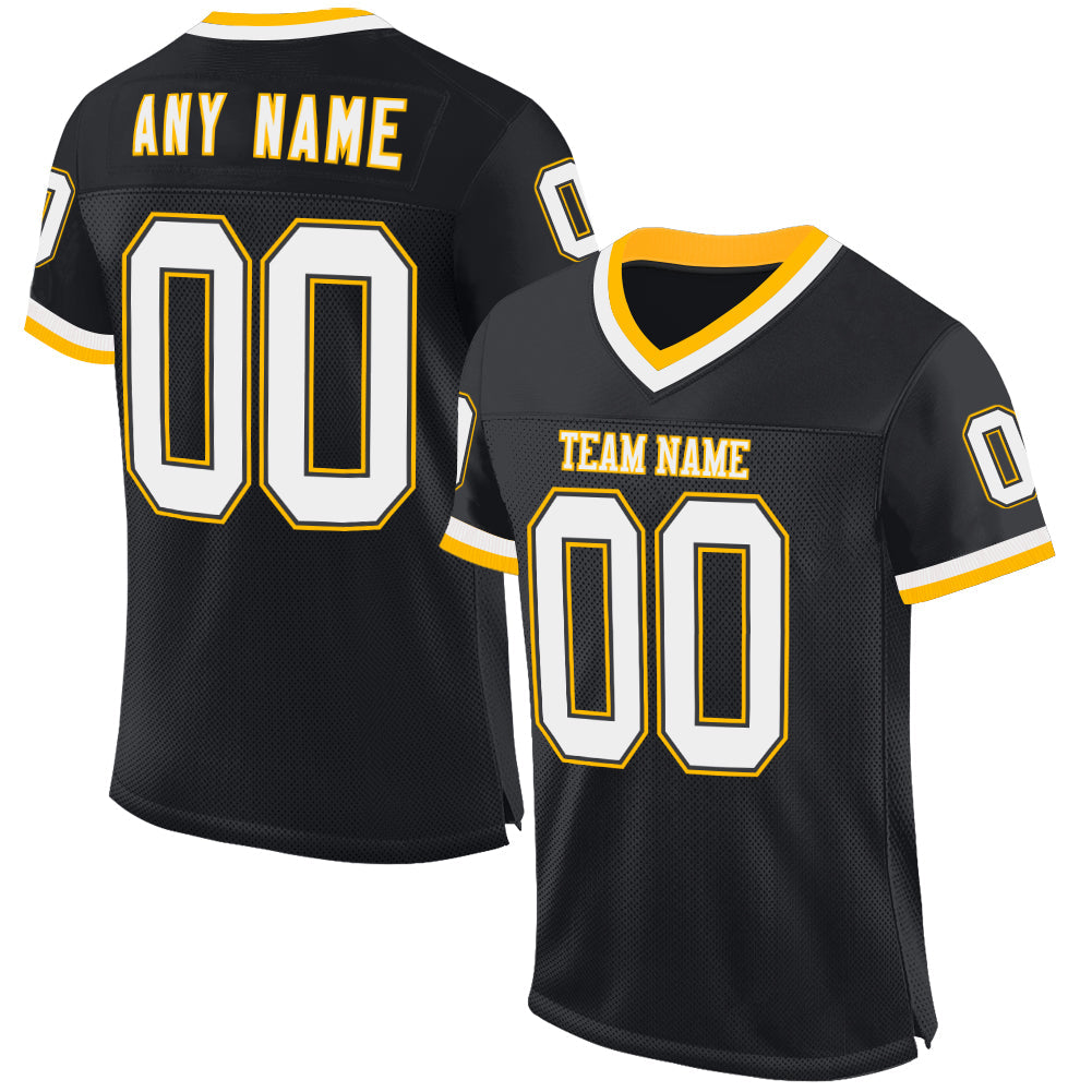 Custom Black White-Gold Mesh Authentic Throwback Football Jersey - Main View