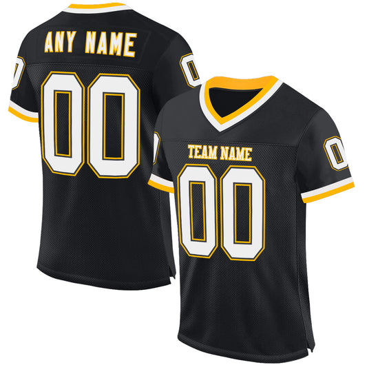 Custom Black White-Gold Mesh Authentic Throwback Football Jersey - Main View