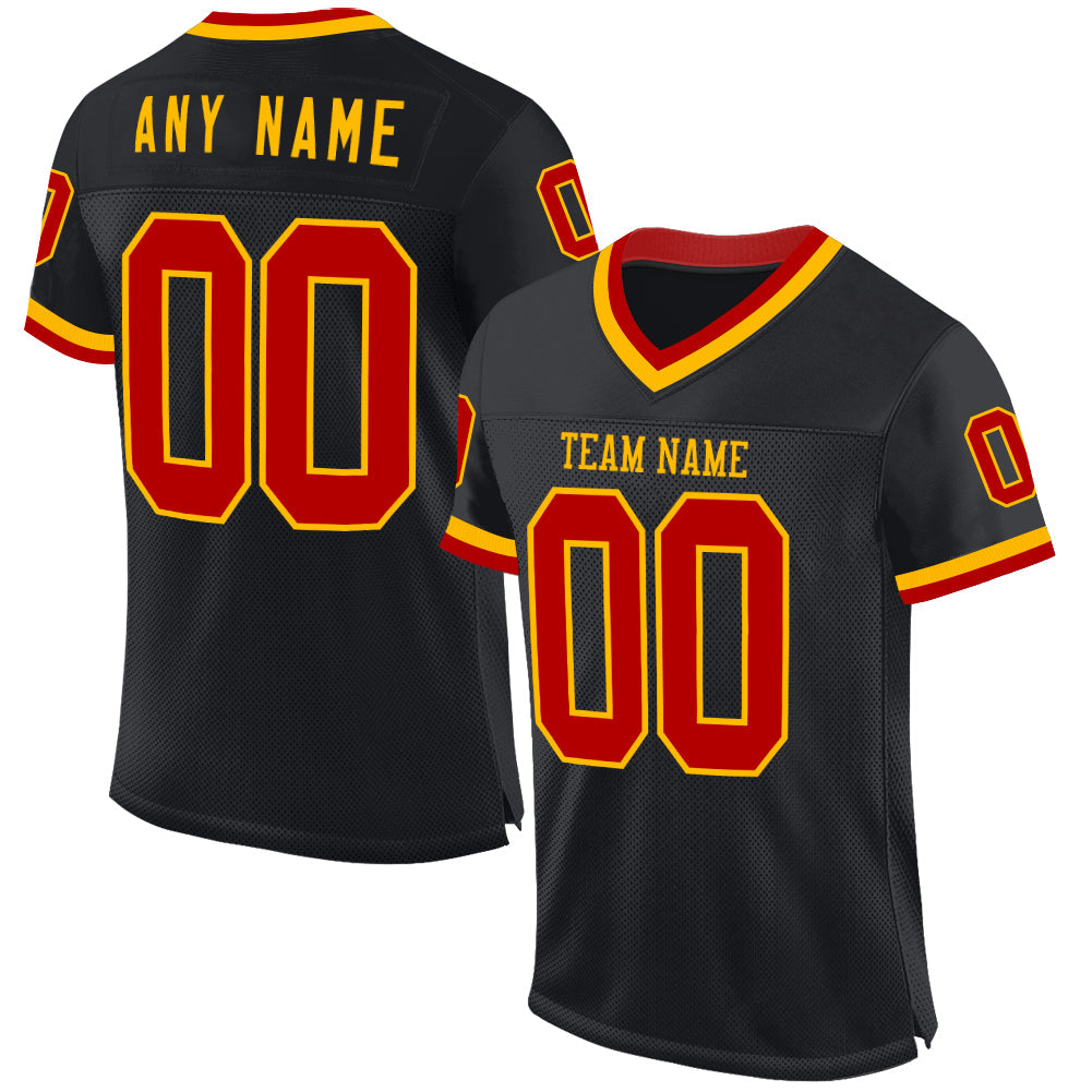Custom Black Red-Gold Mesh Authentic Throwback Football Jersey - Main View