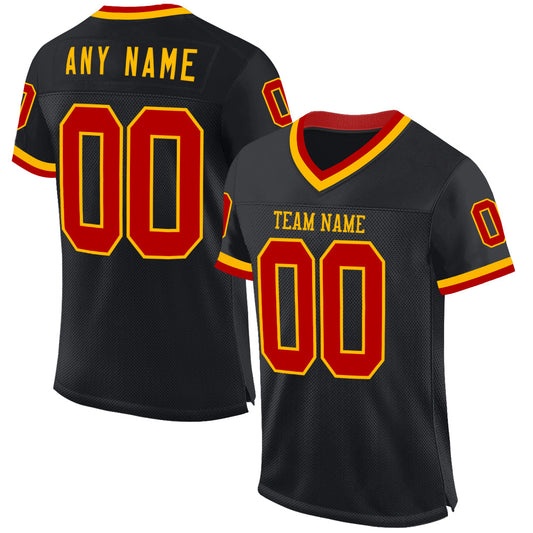 Custom Black Red-Gold Mesh Authentic Throwback Football Jersey - Main View