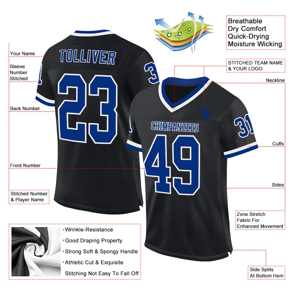 Custom Black Royal-White Mesh Authentic Throwback Football Jersey view 2