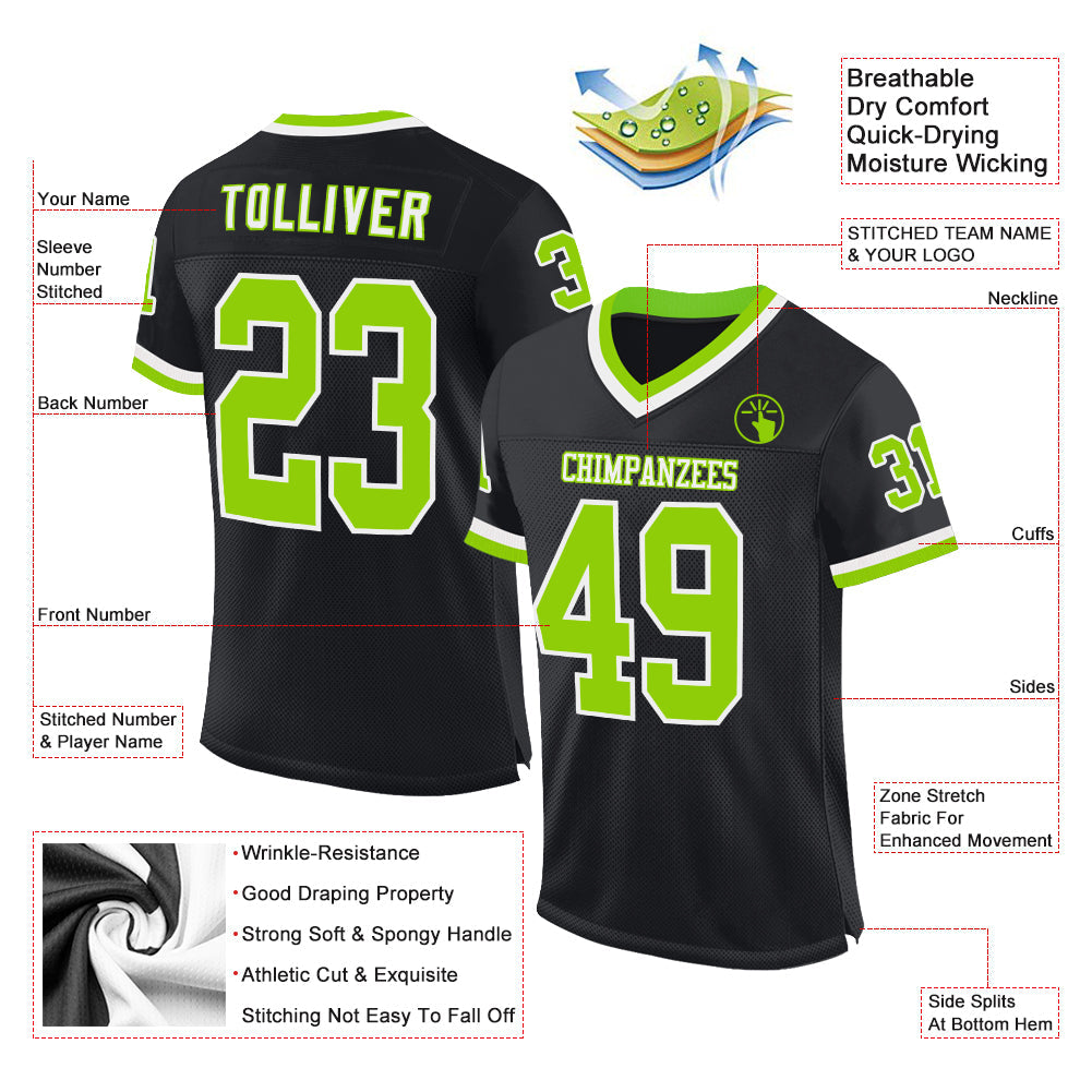 Custom Black Neon Green-White Mesh Authentic Throwback Football Jersey view 2