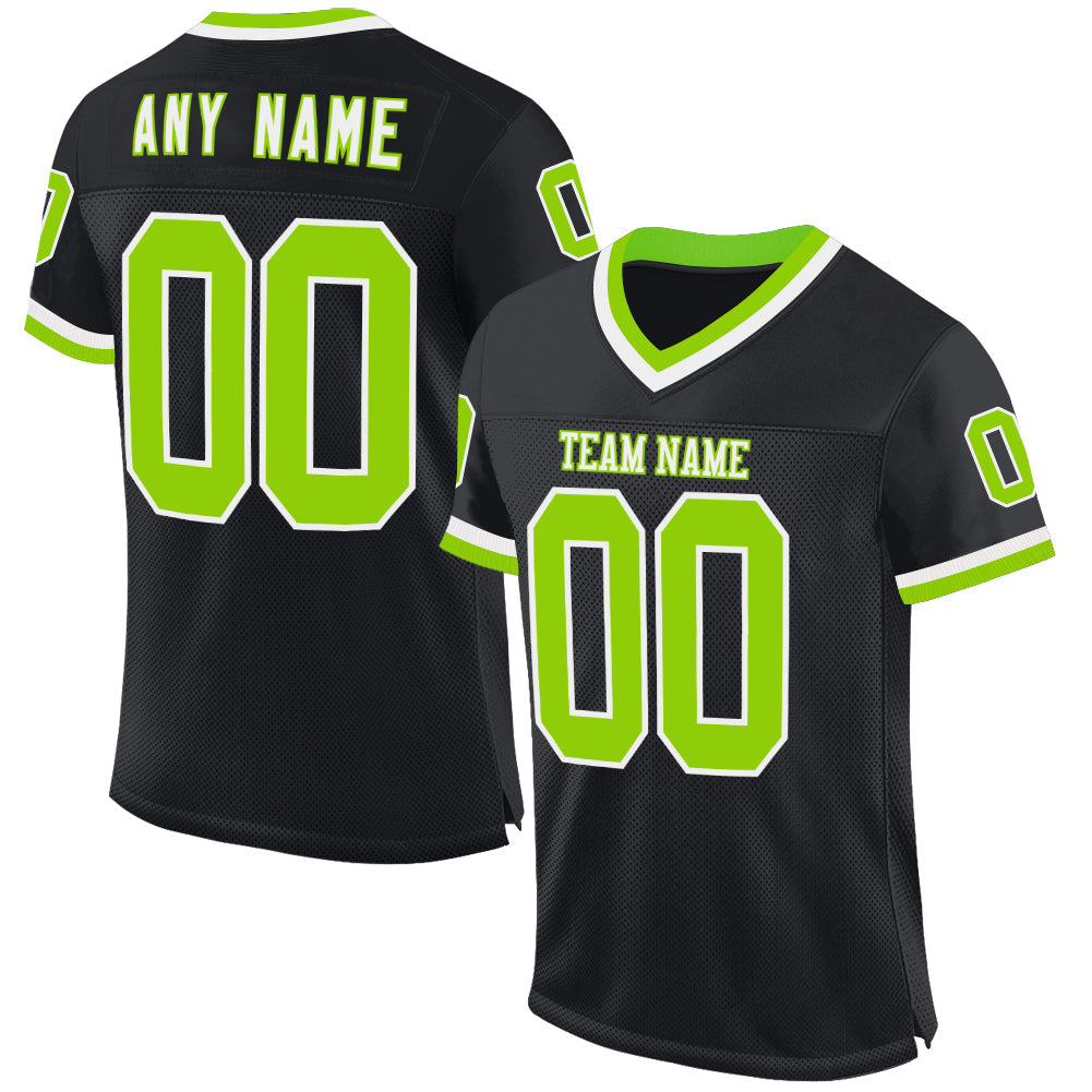 Custom Black Neon Green-White Mesh Authentic Throwback Football Jersey - Main View
