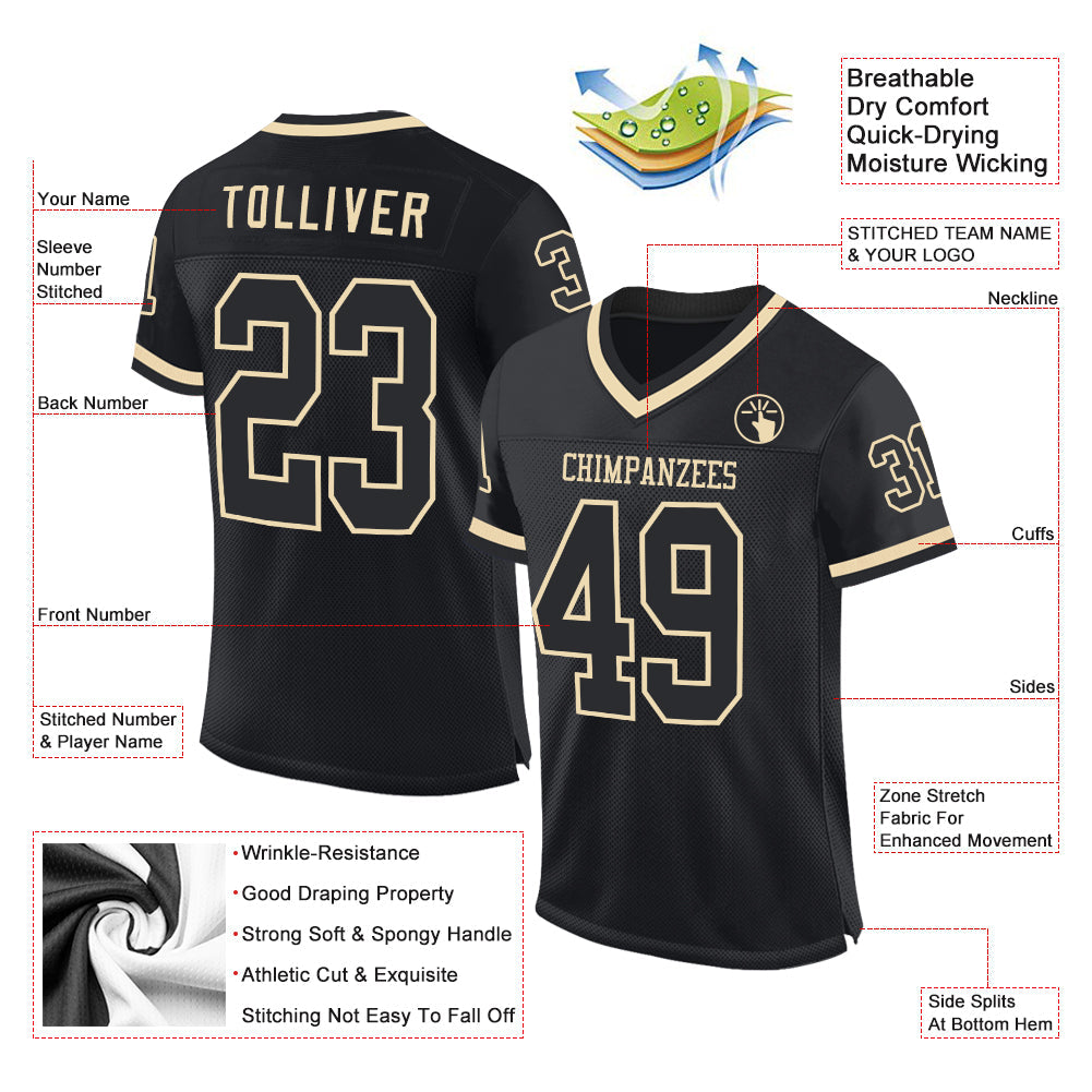 Custom Black Cream Mesh Authentic Throwback Football Jersey view 2
