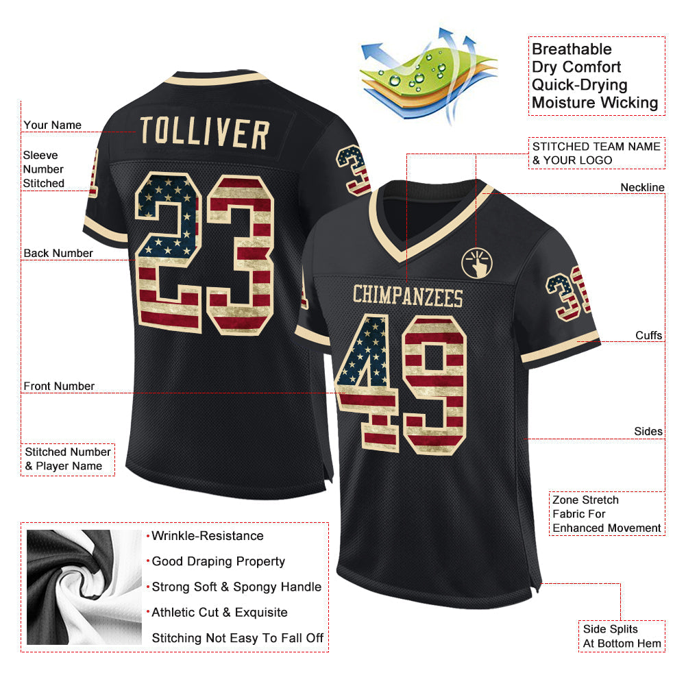 Custom Black Vintage USA Flag-Cream Mesh Authentic Throwback Football Jersey view 2