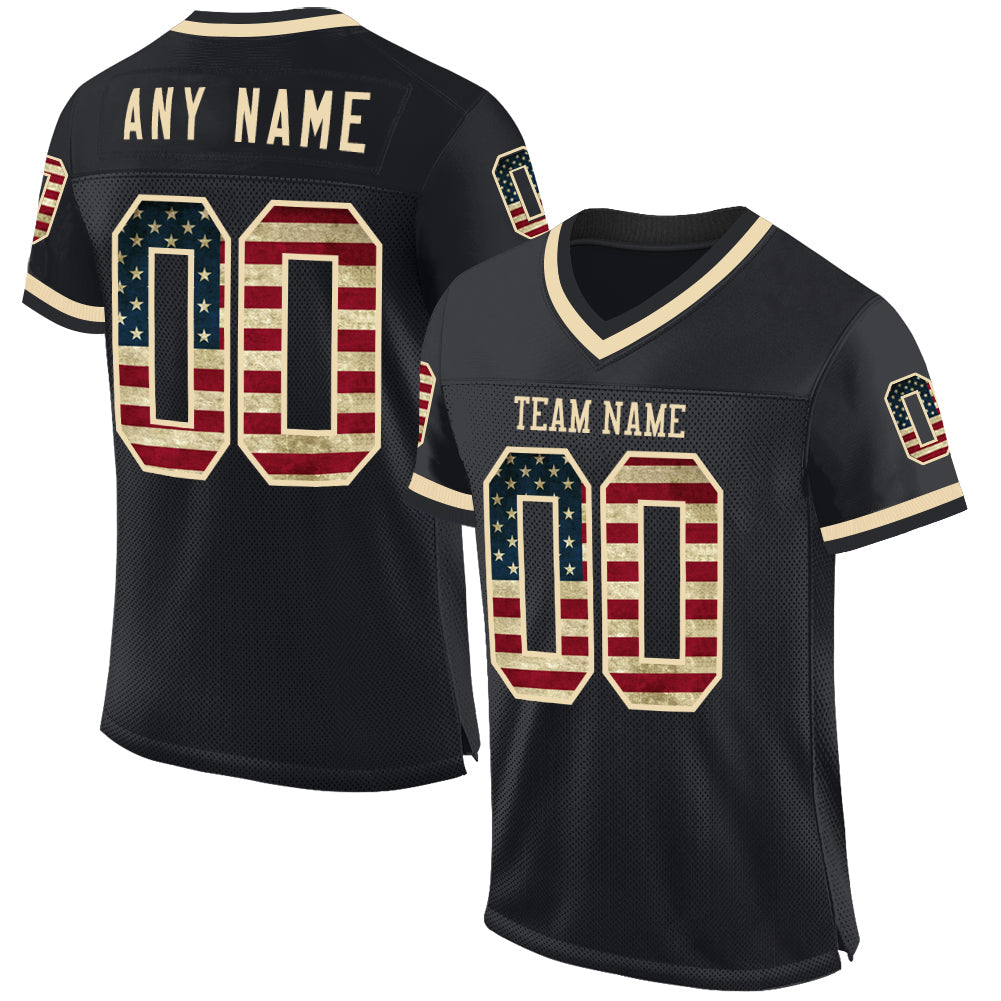 Custom Black Vintage USA Flag-Cream Mesh Authentic Throwback Football Jersey - Main View