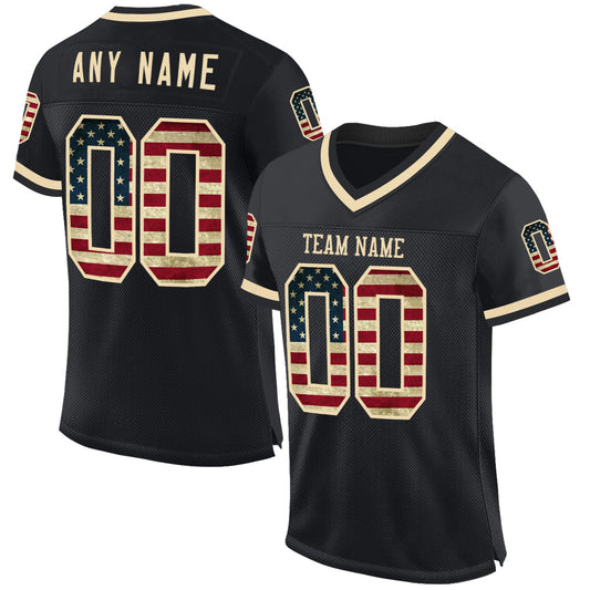 Custom Black Vintage USA Flag-Cream Mesh Authentic Throwback Football Jersey - Main View
