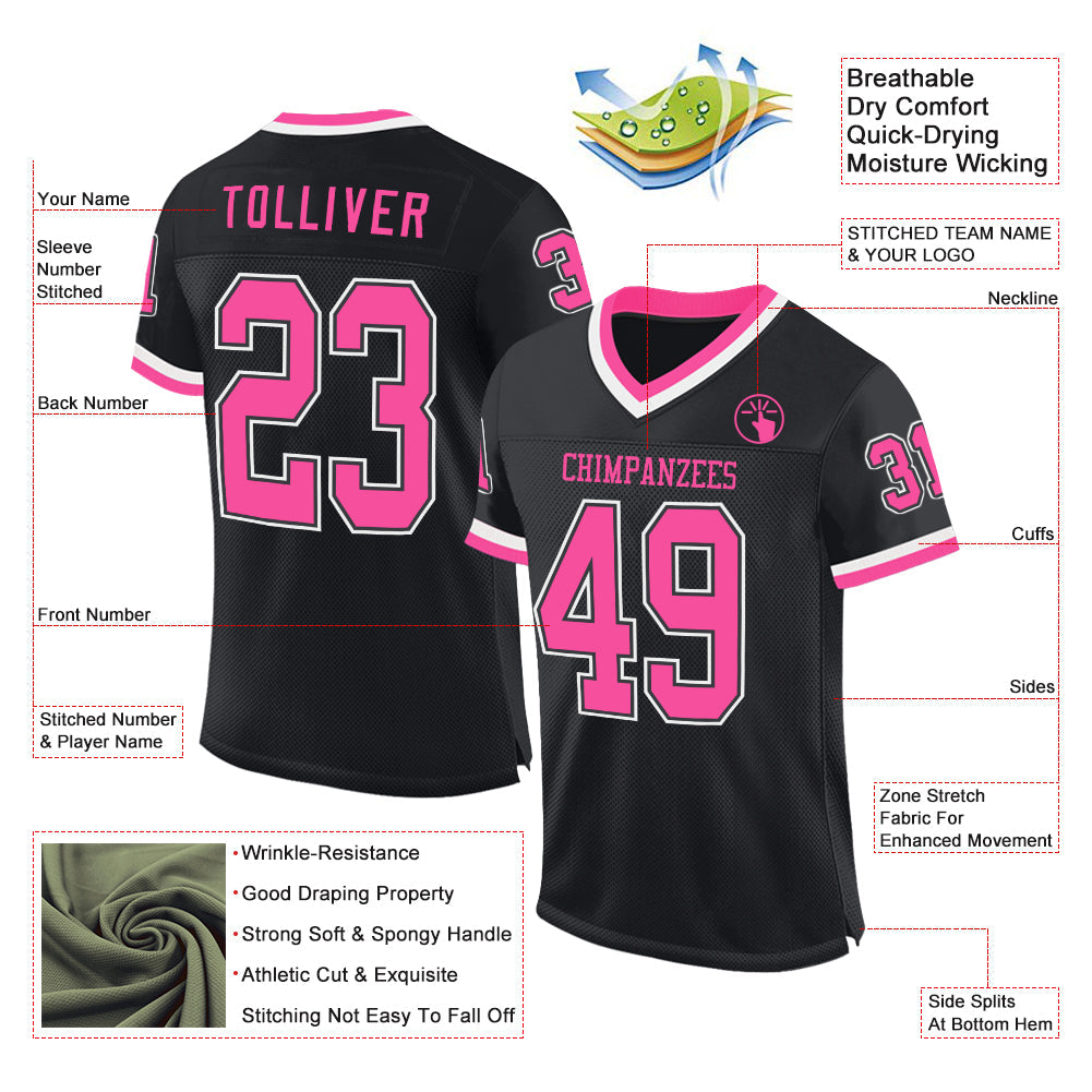 Custom Black Pink-White Mesh Authentic Throwback Football Jersey view 2