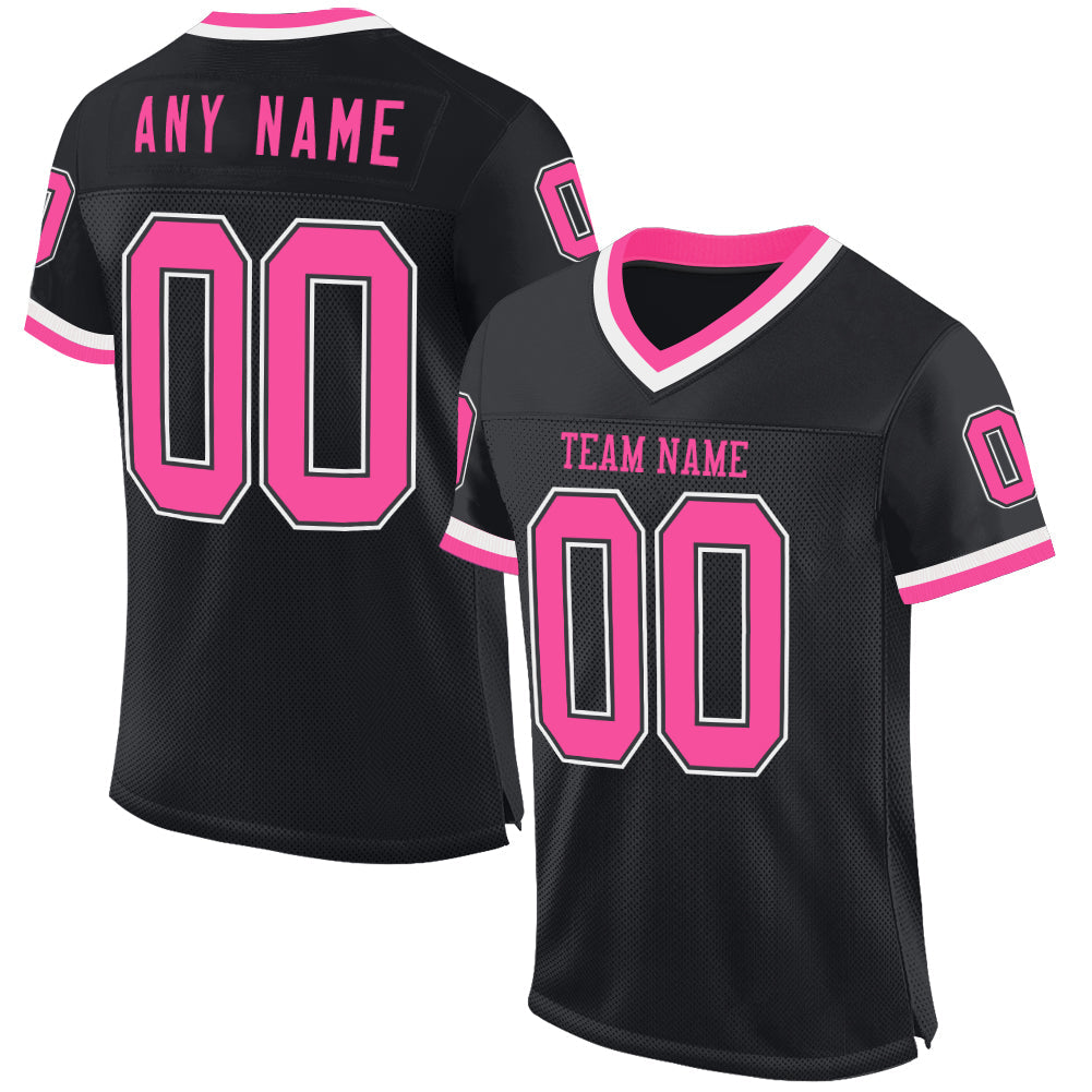 Custom Black Pink-White Mesh Authentic Throwback Football Jersey - Main View
