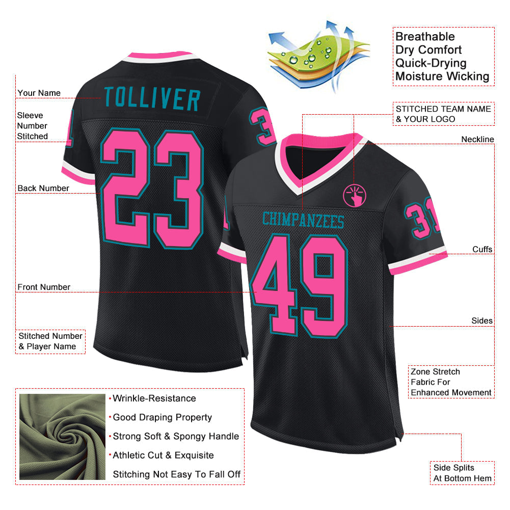 Custom Black Pink-Teal Mesh Authentic Throwback Football Jersey view 2