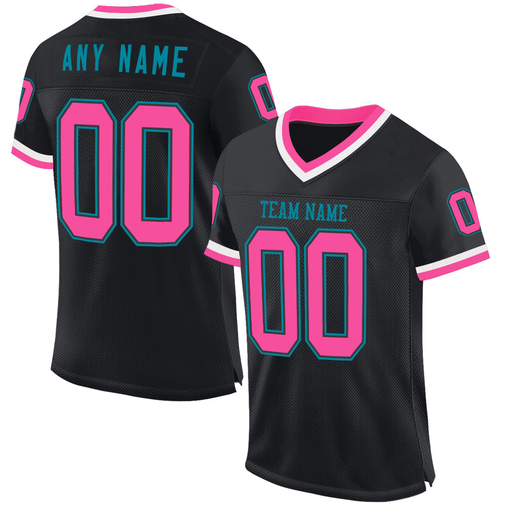 Custom Black Pink-Teal Mesh Authentic Throwback Football Jersey - Main View