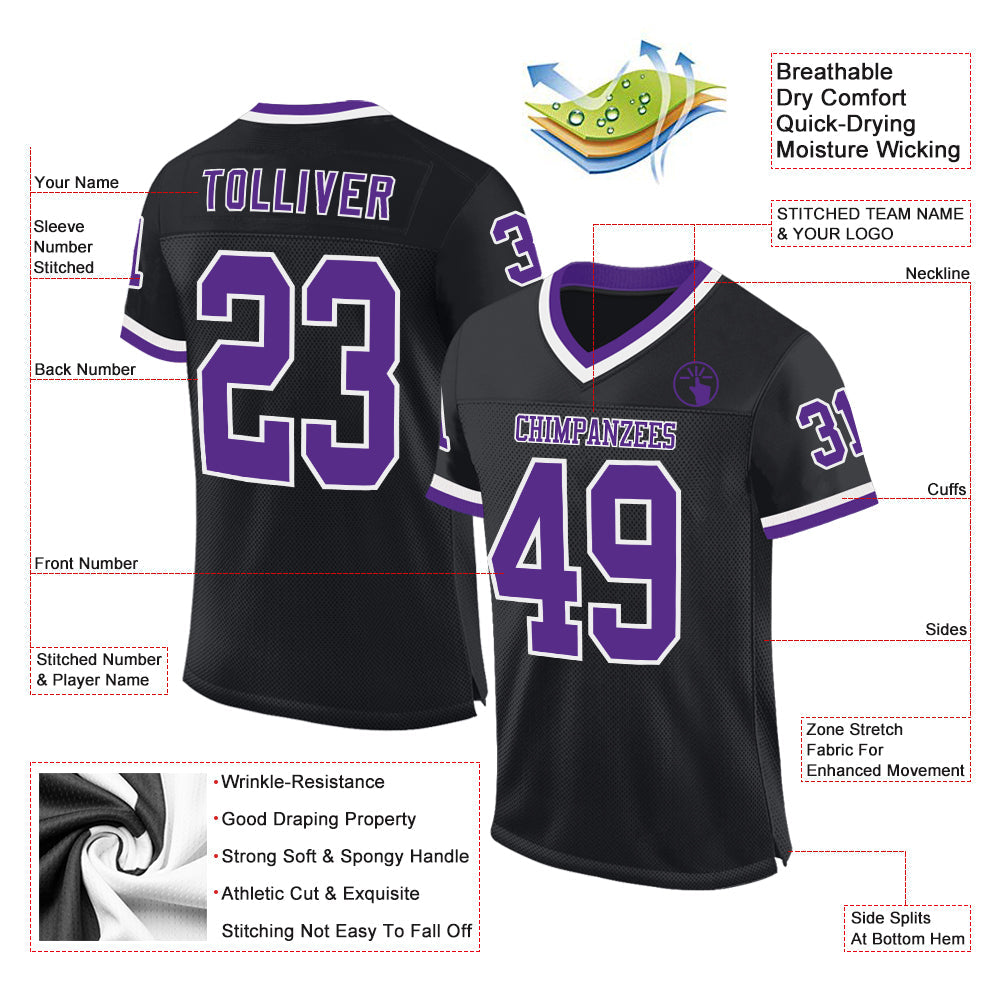 Custom Black Purple-White Mesh Authentic Throwback Football Jersey view 2