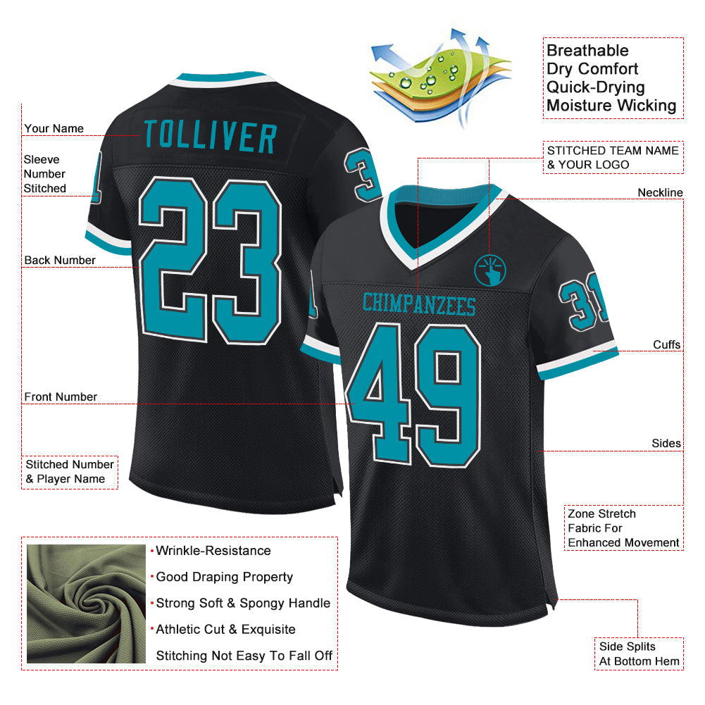 Custom Black Teal-White Mesh Authentic Throwback Football Jersey view 2
