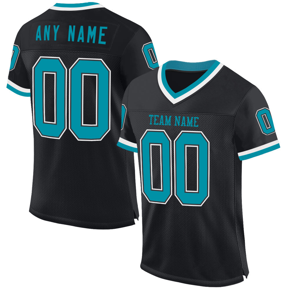 Custom Black Teal-White Mesh Authentic Throwback Football Jersey - Main View