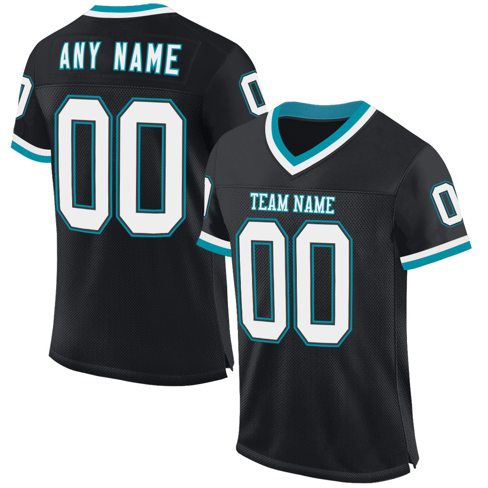 Custom Black White-Teal Mesh Authentic Throwback Football Jersey - Main View